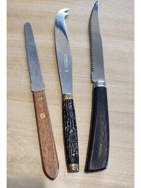 Lot of 3 Vintage Serrated Knives Quikut, Wood Handle, Antler Cheese Knife